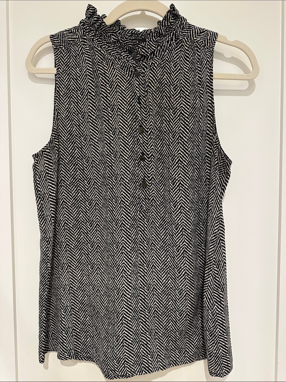 J. Crew Black and White Sleeveless Ruffle-Neck Herringbone Top